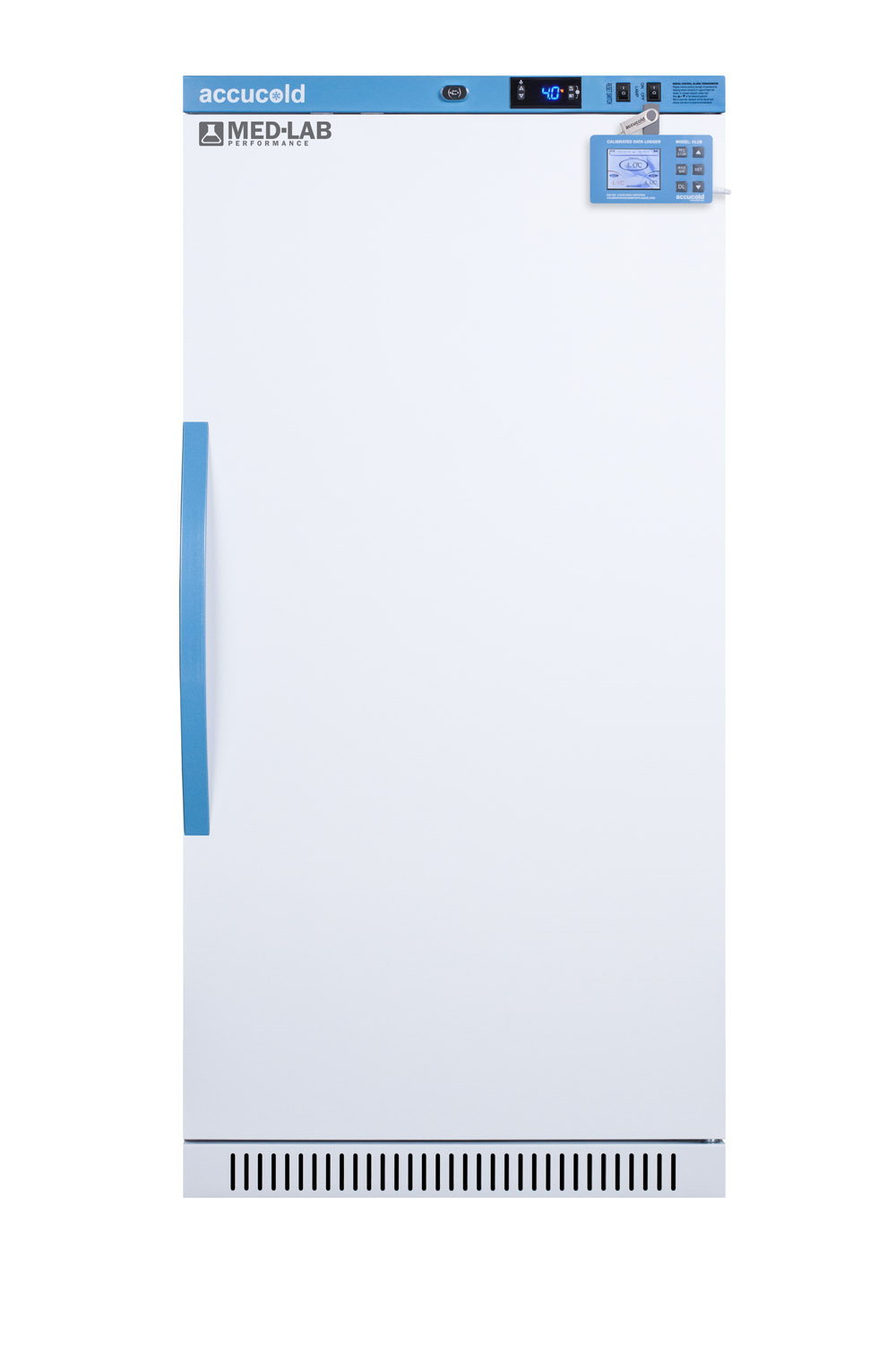 Performance series Med-Lab 8 cu.ft. upright all-refrigerator for laboratory storage with factory-installed data logger, antimicrobial silver-ion handle, and hospital grade cord with 'green dot' plug